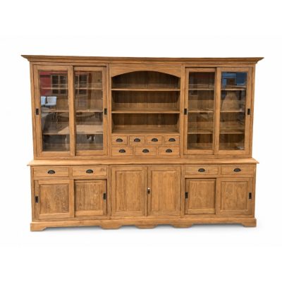 Buffet-teak-vitrinekast-kast-310cm de loods meubelen heist op den berg Grote teak vitrinekast 310 cm bij De Loods Heist-op-den-Berg