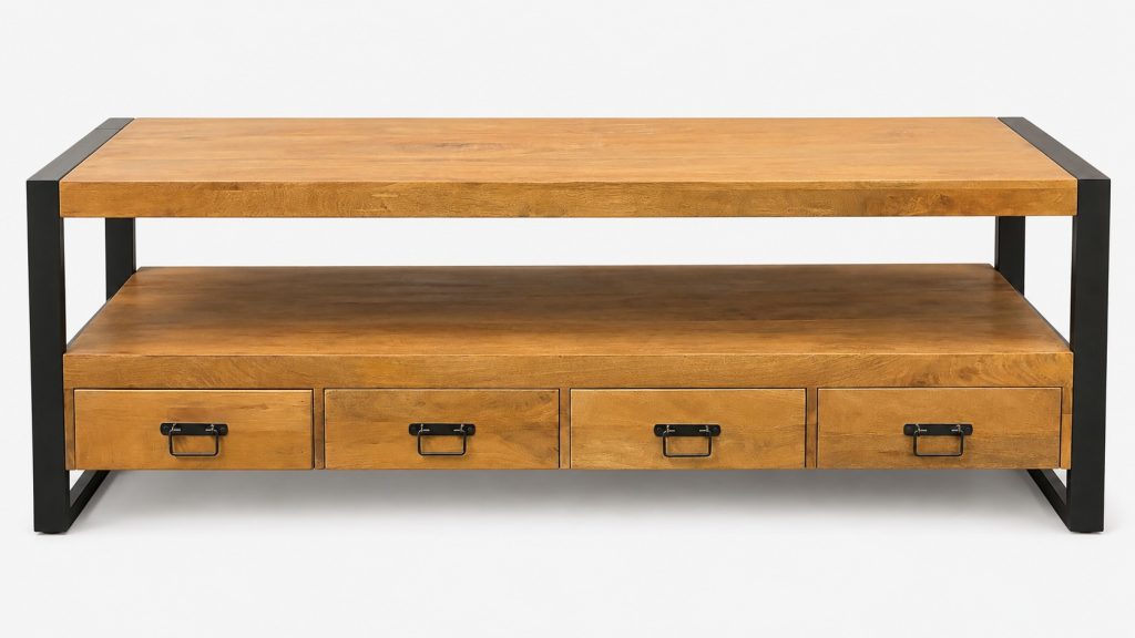 Tv kast mango hout 4 lade open vak metalen frame
