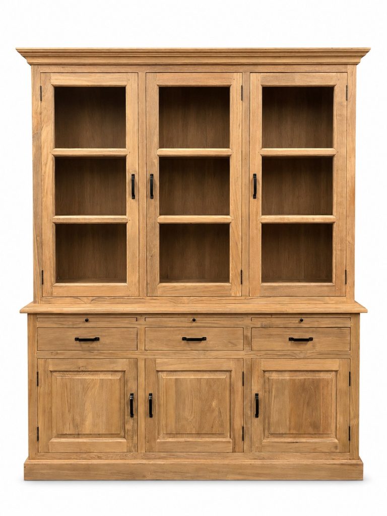 buffet vitrinekast teak massief met drie glasdeuren