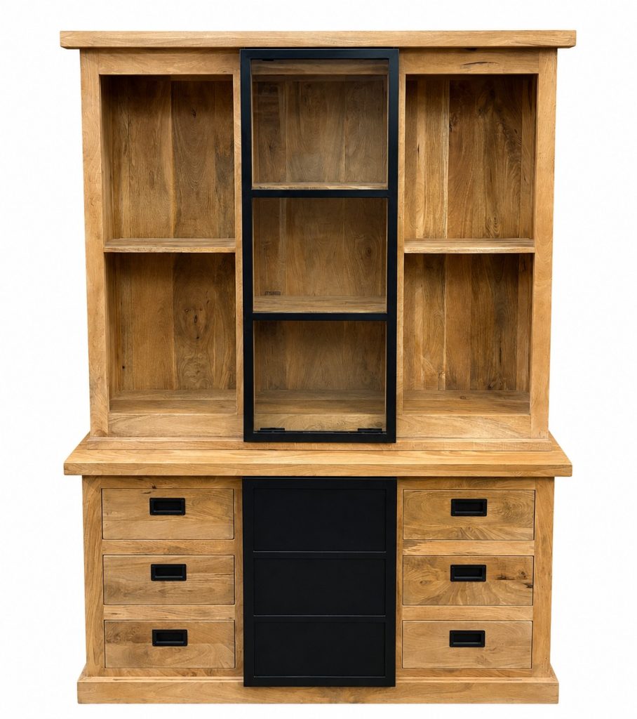 vitrinekast in mango hout metalen glasdeur