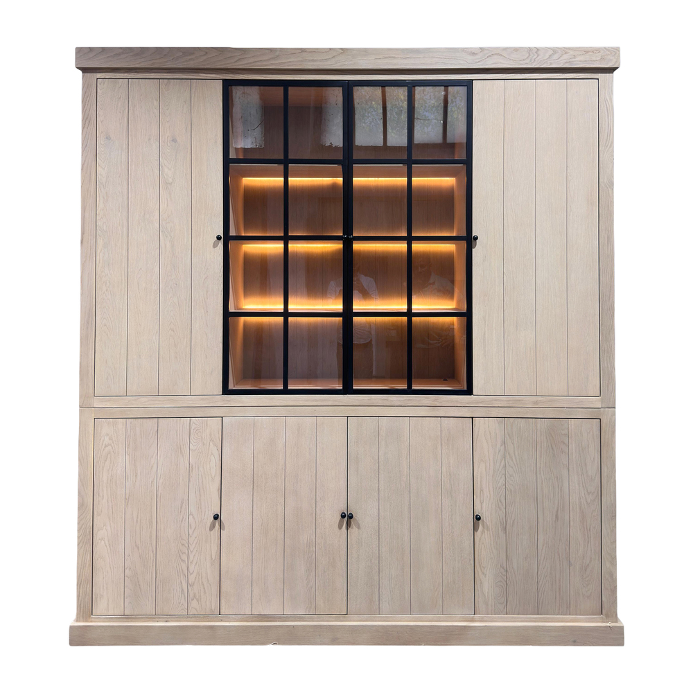 Eiken buffetkast met vitrine en led, Flat line collectie 220cm