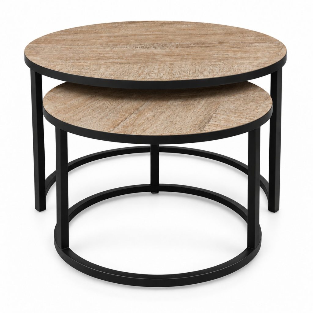 set van twee ronde salontafels in teak hout met white finish en metalen onderstel