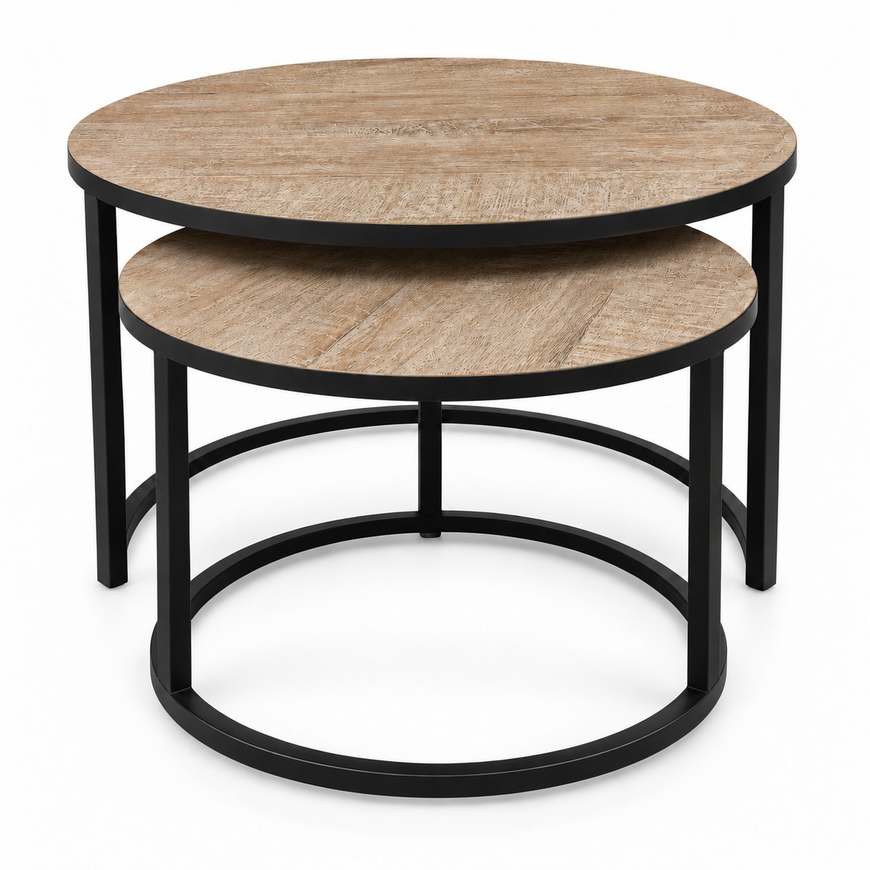 Set van 2 ronde salontafels met teak met white finish