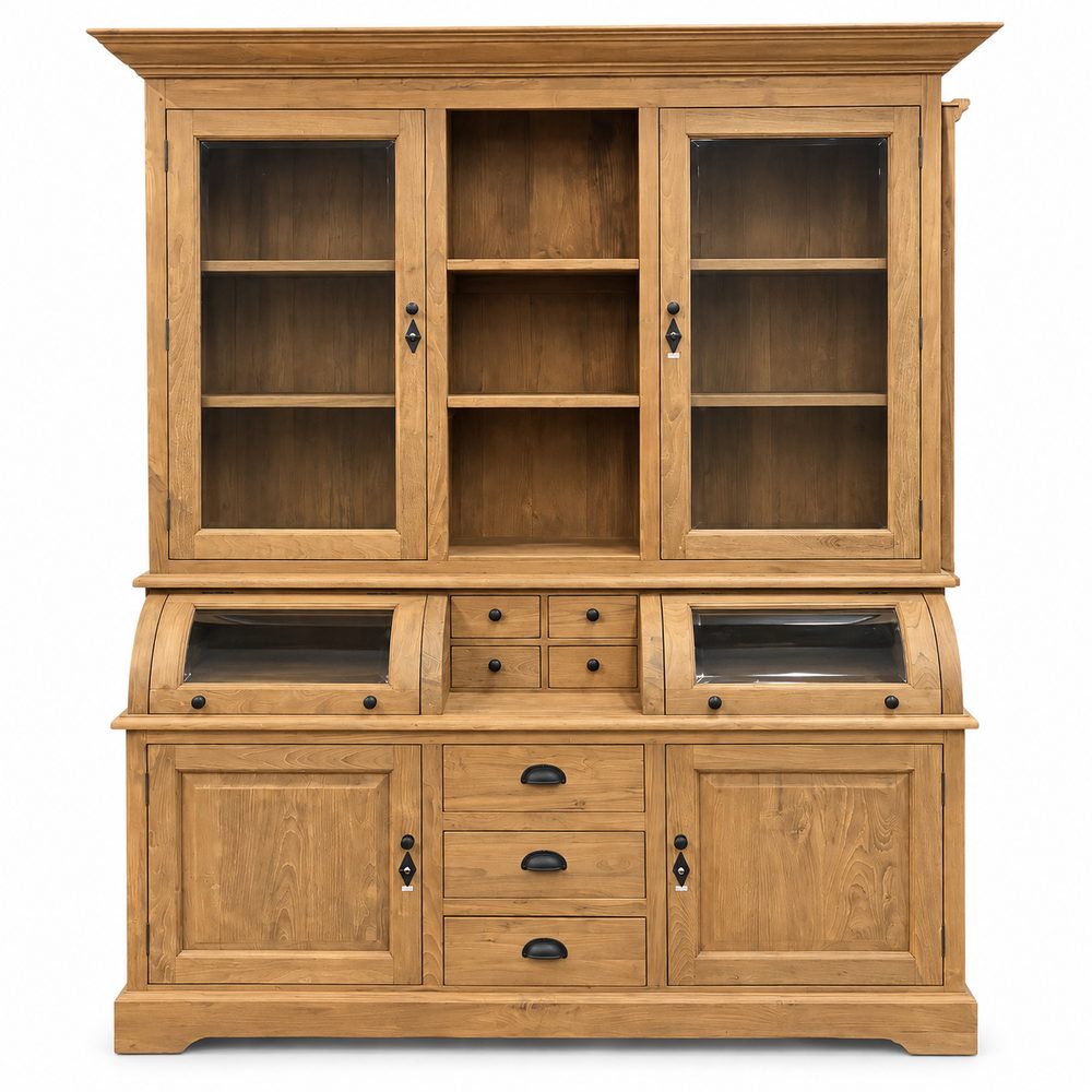 Teak buffetkast met vitrinedeuren en gebogen glas