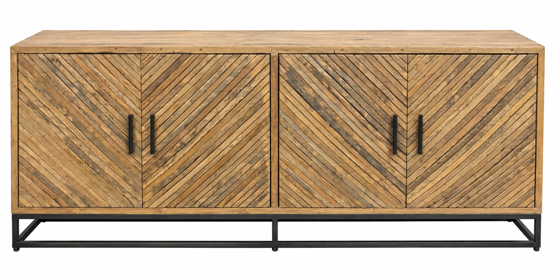 Teak dressoir kast met visgraatdeuren en metalen onderstel