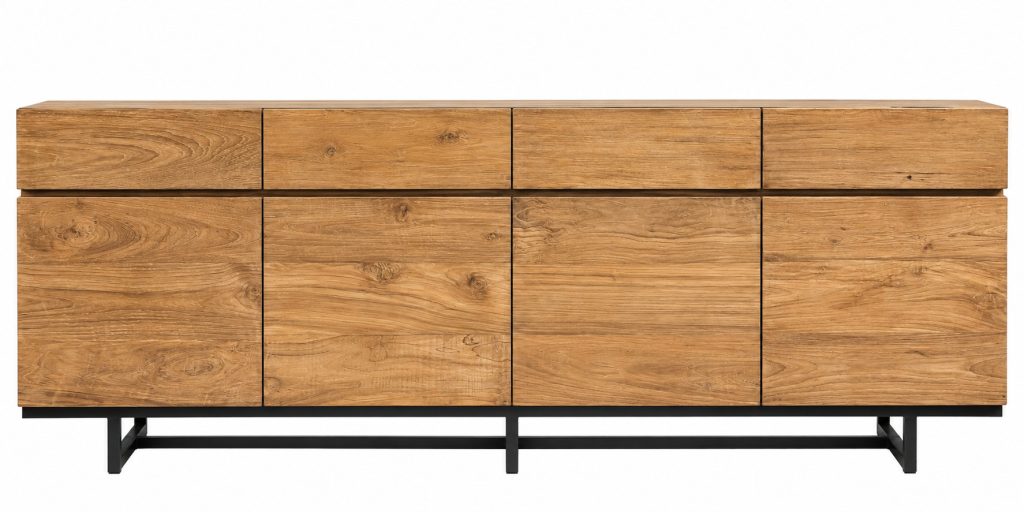 teak kast dressoir met vier lades en vier deuren met een metalen onderstel