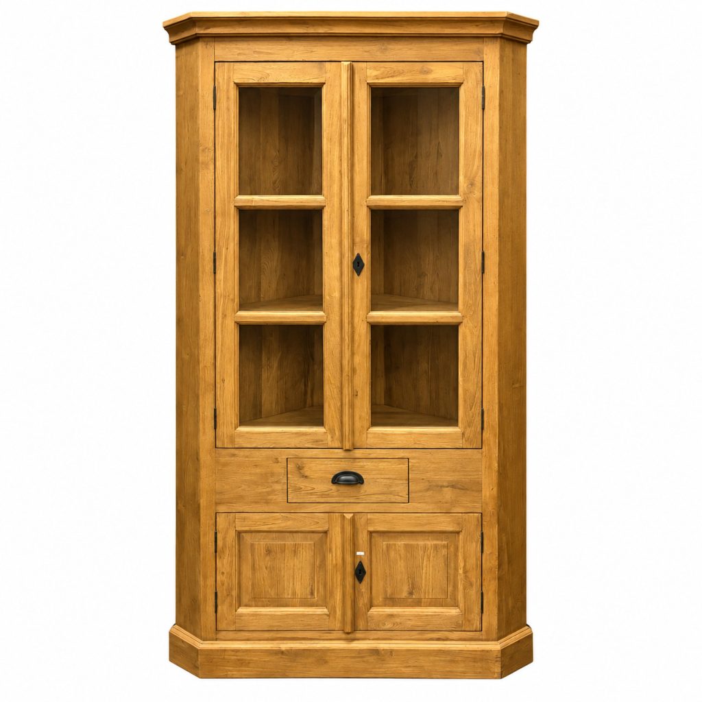 teak hoekkast met glasdeuren en lade maatwerk mogelijk