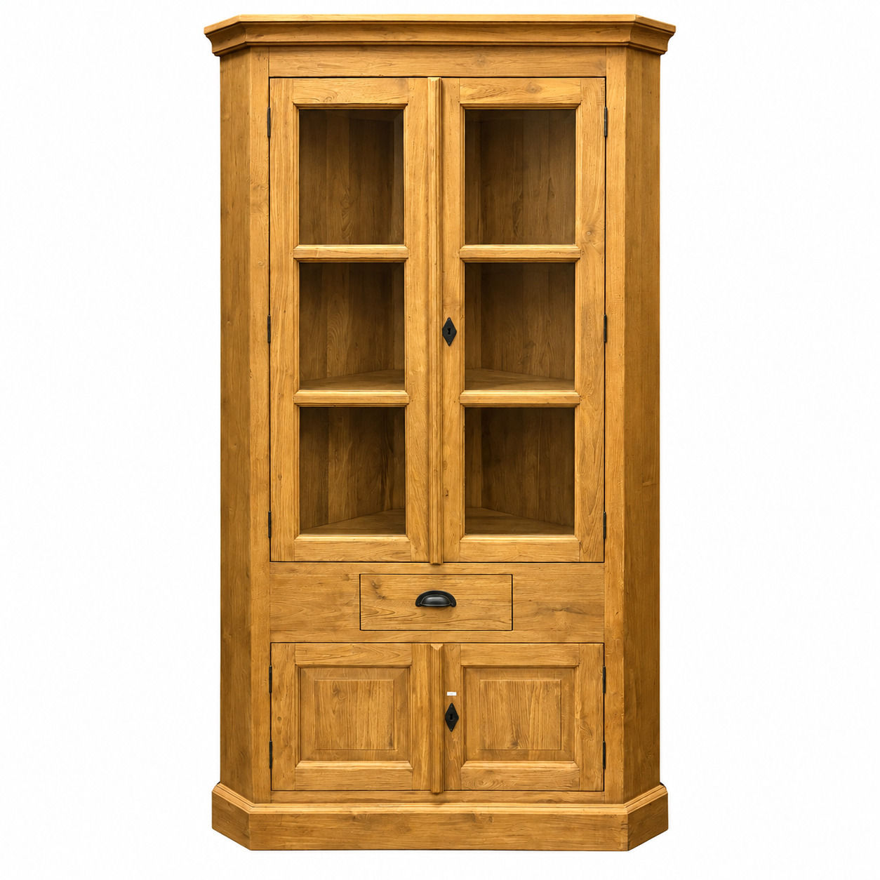 Teak hoekkast met glasdeuren en opbergruimte