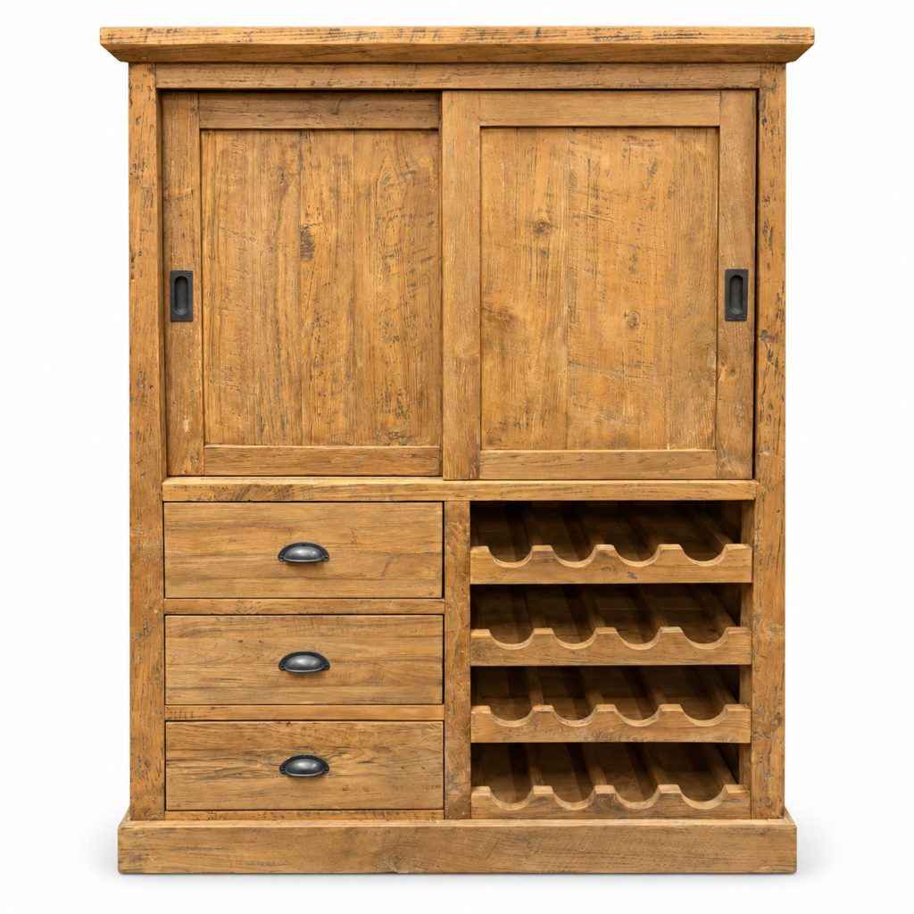 Teak kast met schuifdeuren en lades met wijnrek