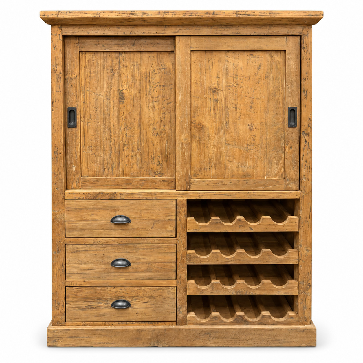 Teak kast met schuifdeuren 3 lades en wijnrek
