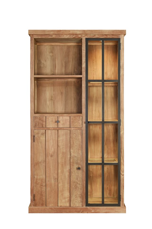 Smalle teak vitrinekast met open vakken 112cm